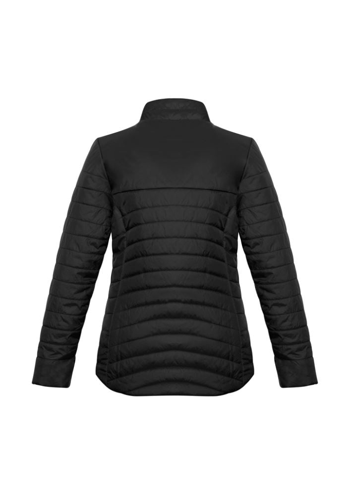 Ladies Expedition Quilted Jacket in black, size S, featuring quilted design, high collar, and practical storage pockets.