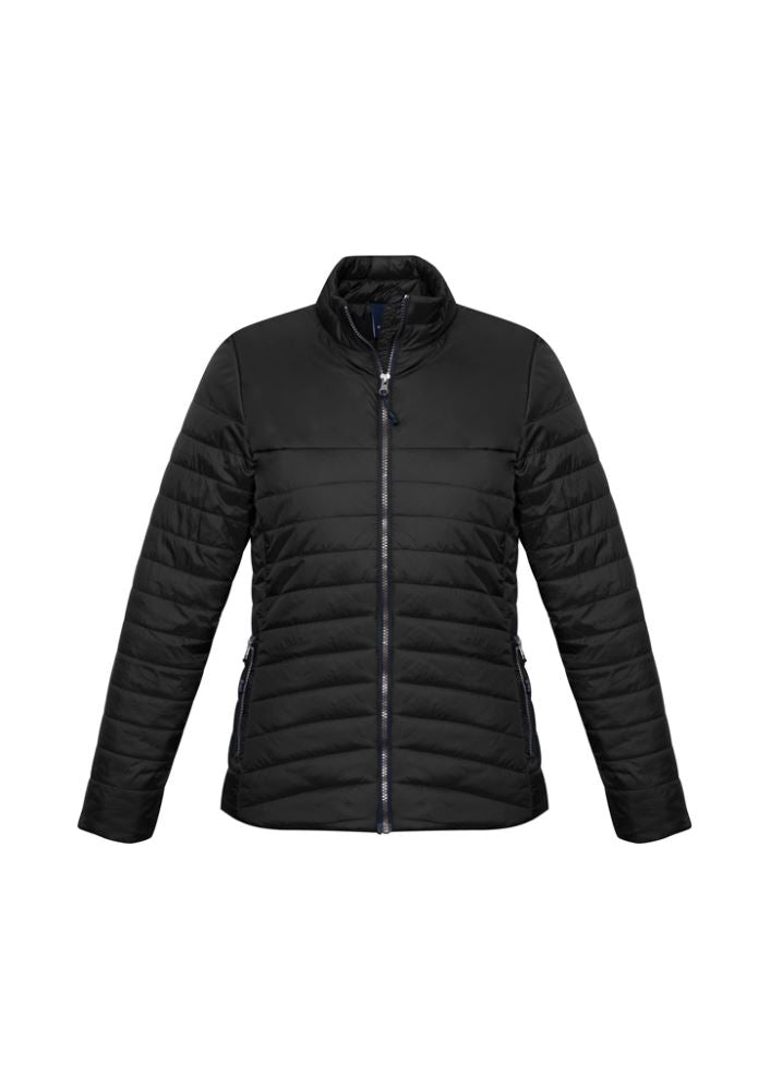 Ladies Expedition Quilted Jacket in black, size XS, featuring water-repellent nylon, insulation, and stylish quilted design.