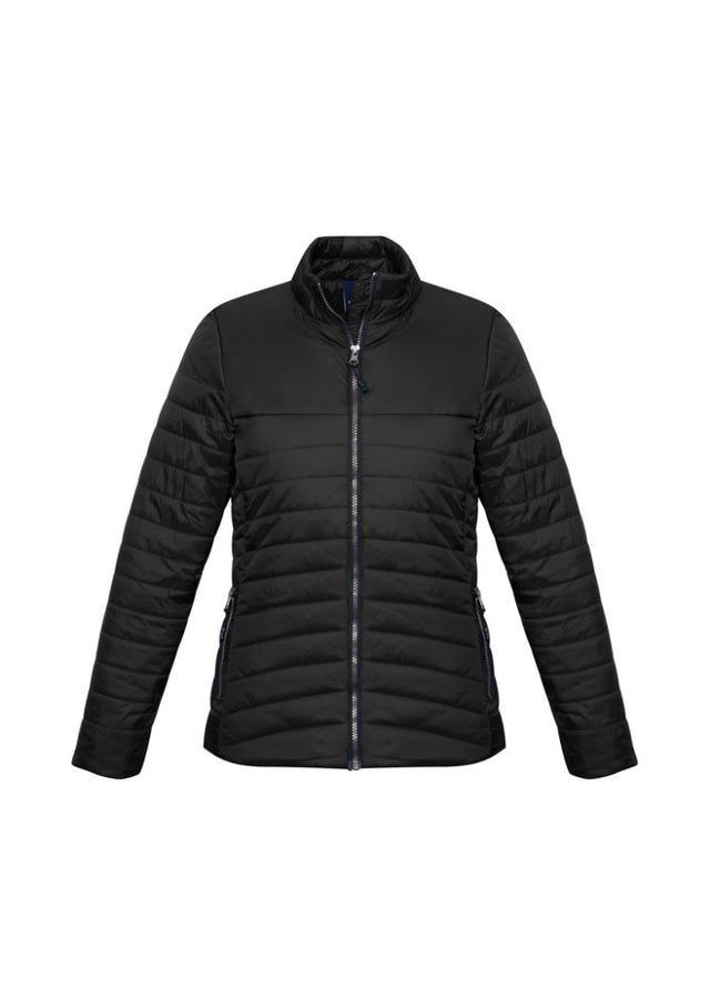 Ladies Expedition Quilted Jacket in black, size XS, featuring water-repellent nylon, insulation, and stylish quilted design.
