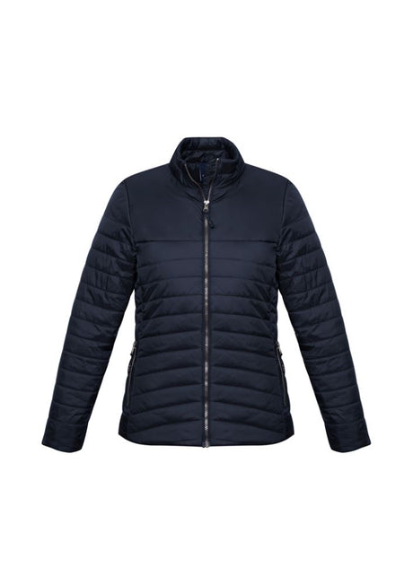 Navy Ladies Expedition Quilted Jacket in XS, featuring water-repellent Nylon, high collar, and multiple pockets for warmth and style.