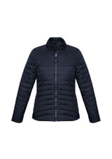 Ladies Expedition Quilted Jacket in navy, size M, featuring water-repellent nylon, quilted design, high collar, and secure pockets.