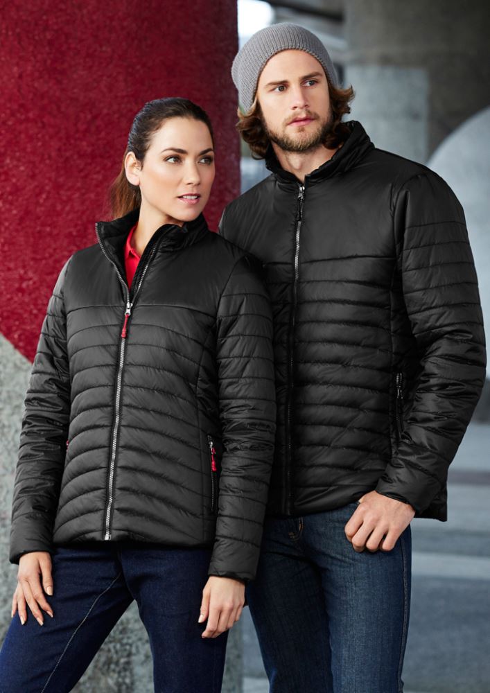 Ladies Expedition Quilted Jacket in black, size S, featuring water-repellent fabric, high collar, and multiple pockets for outdoor style.