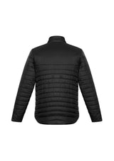 Men's Black Expedition Quilted Jacket, Size M, featuring water-repellent nylon, high collar, and zippered pockets for warmth and style.