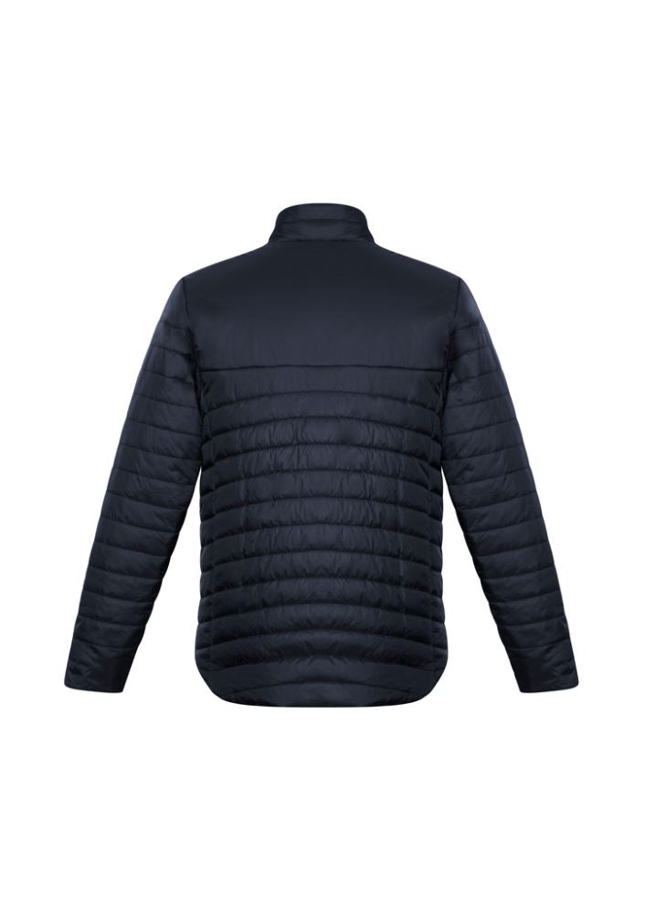 Men's Navy Expedition Quilted Jacket, Size S, featuring water-repellent nylon, high-loft insulation, and zippered pockets.