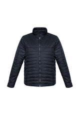 Men's navy quilted jacket, size S, featuring water-repellent nylon, high-loft insulation, and zippered pockets for warmth and style.