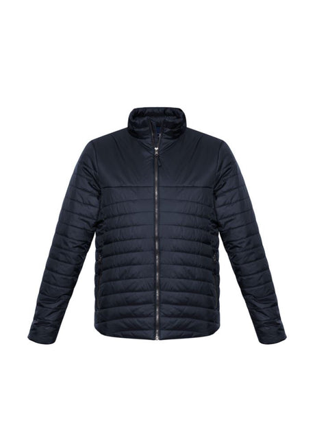 Men's navy quilted jacket, size S, featuring water-repellent nylon, high-loft insulation, and zippered pockets for warmth and style.