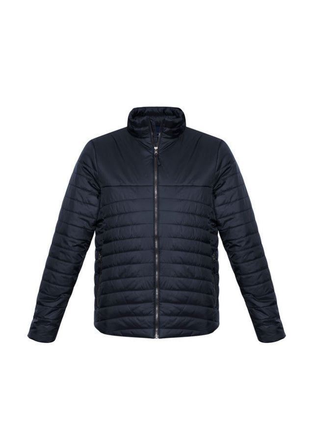 Men's navy quilted jacket with water-repellent fabric, high collar, and zippered pockets for warmth and style. Size L.