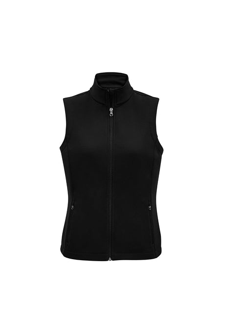 Ladies Apex Vest in black, size L, featuring a stand-up collar, water-repellent fabric, and stylish scalloped back.