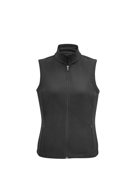Ladies Apex Vest in grey, size M, featuring water-repellent fabric, fleece lining, and scalloped back for warmth and style.