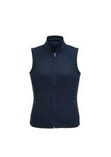 Navy Ladies Apex Vest in Size S, featuring durable polyester, fleece lining, stand-up collar, and water-repellent design for comfort.