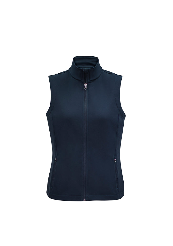 Ladies Apex Vest in navy, size XS, featuring a fleece lining, water-repellent fabric, and customizable zippers for stylish layering.