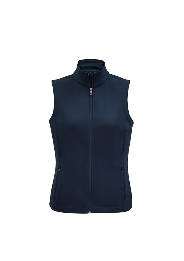 Navy Ladies Apex Vest, size 2XL, featuring water-repellent fabric, warm fleece lining, and stylish scalloped back tail.