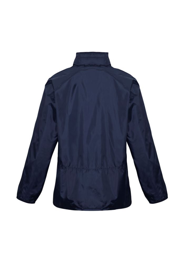 Unisex Navy Spinnaker Jacket, Size M, featuring windproof, water-resistant fabric, concealed hood, and zippered pockets.