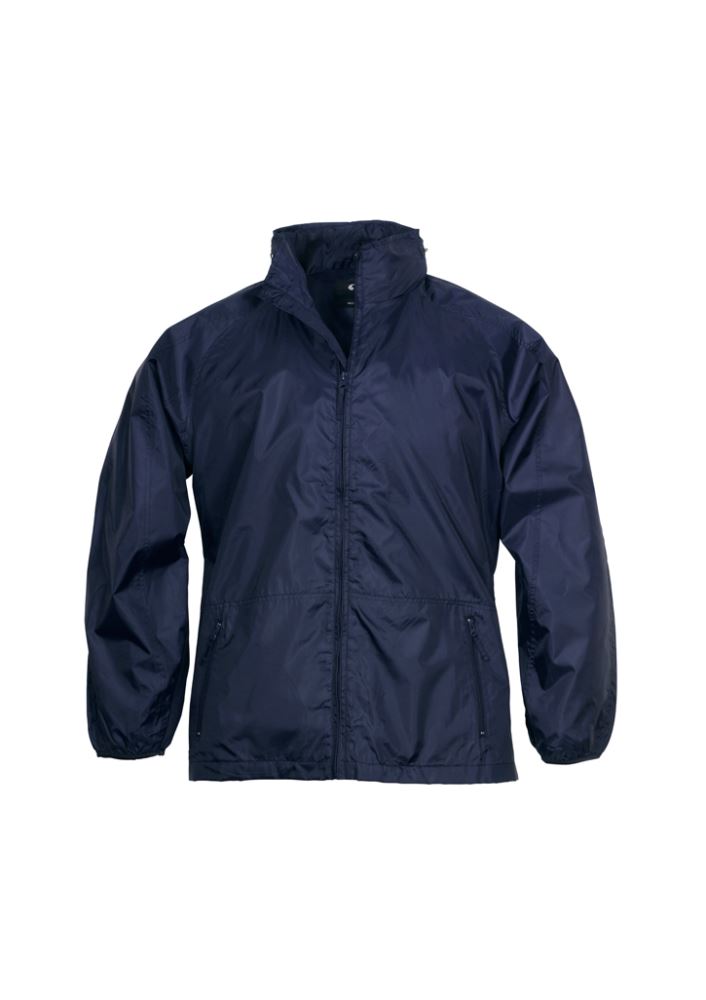 Unisex Navy Spinnaker Jacket, Size M, features windproof, water-resistant fabric, raglan sleeves, and concealed zippered hood.