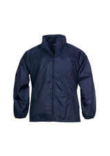 Unisex Navy Spinnaker Jacket, Size M, features windproof, water-resistant fabric, raglan sleeves, and concealed zippered hood.