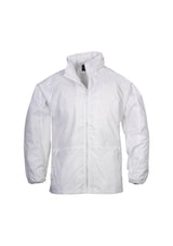 Unisex Spinnaker Jacket in white, size M, features raglan sleeves, concealed zippered hood, and breathable mesh lining.
