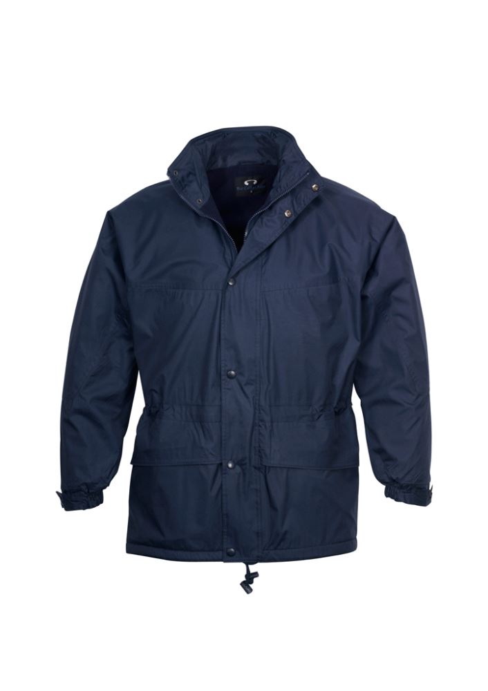 Unisex navy Trekka Jacket from Biz Collection, featuring fleece lining, adjustable hood, zip pockets, and storm flap for outdoor comfort.