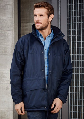Unisex Trekka Jacket in Navy, Size XL; features seam-sealed shell, fleece lining, adjustable drawstrings, and practical pockets.