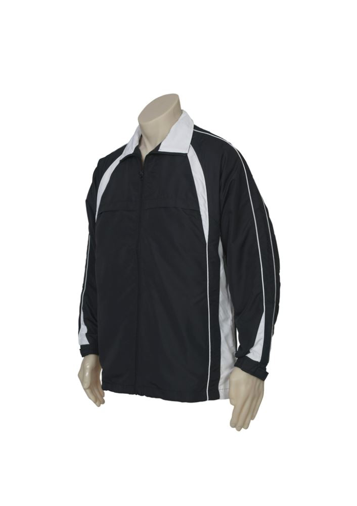 Kids Splice Track Top in black and white, size 14, featuring full zip, raglan sleeves, and two zippered pockets for active wear.