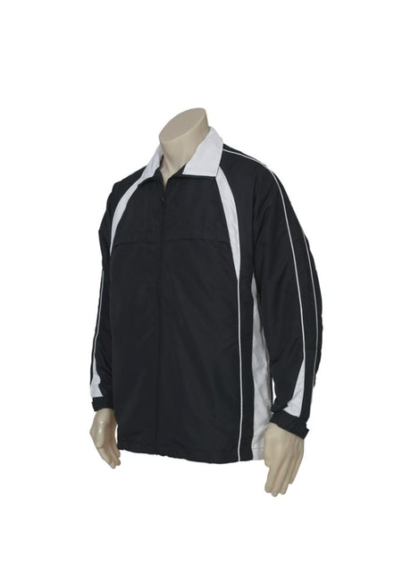 Kids Splice Track Top in Black/White, size 12, features full zip, zippered pockets, and stylish raglan sleeves for active comfort.