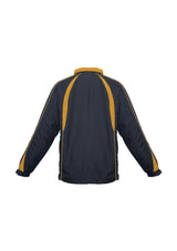 Kids Splice Track Top in navy and gold, featuring a full zip front, zippered pockets, and adjustable cuff sleeves for comfort.