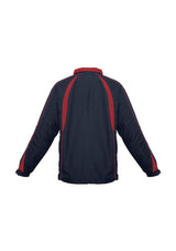Navy/red Kids Splice Track Top, size 10, features raglan sleeves, full zip, pockets, and durable polyester fabric.