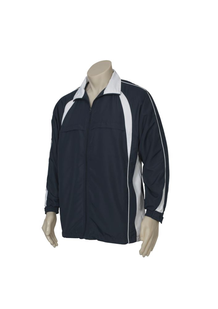 Navy/white Kids Splice Track Top with zippered pockets, raglan sleeves, and adjustable cuffs for active comfort and style.