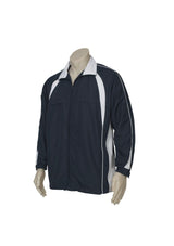 Navy/white Kids Splice Track Top with zippered pockets, raglan sleeves, and adjustable cuffs for active comfort and style.