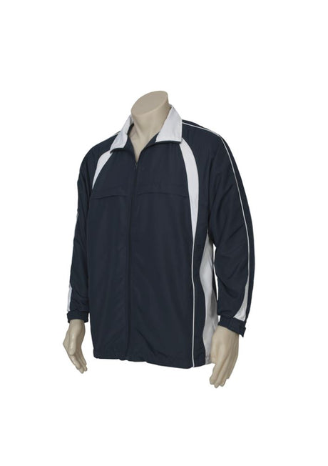 Navy/white Kids Splice Track Top with zippered pockets, raglan sleeves, and adjustable cuffs for active comfort and style.