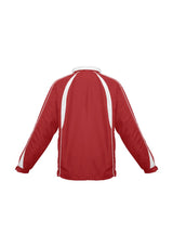 Kids Splice Track Top in Red/White, size 8, featuring full zip front, raglan sleeves, and zippered pockets for active comfort.