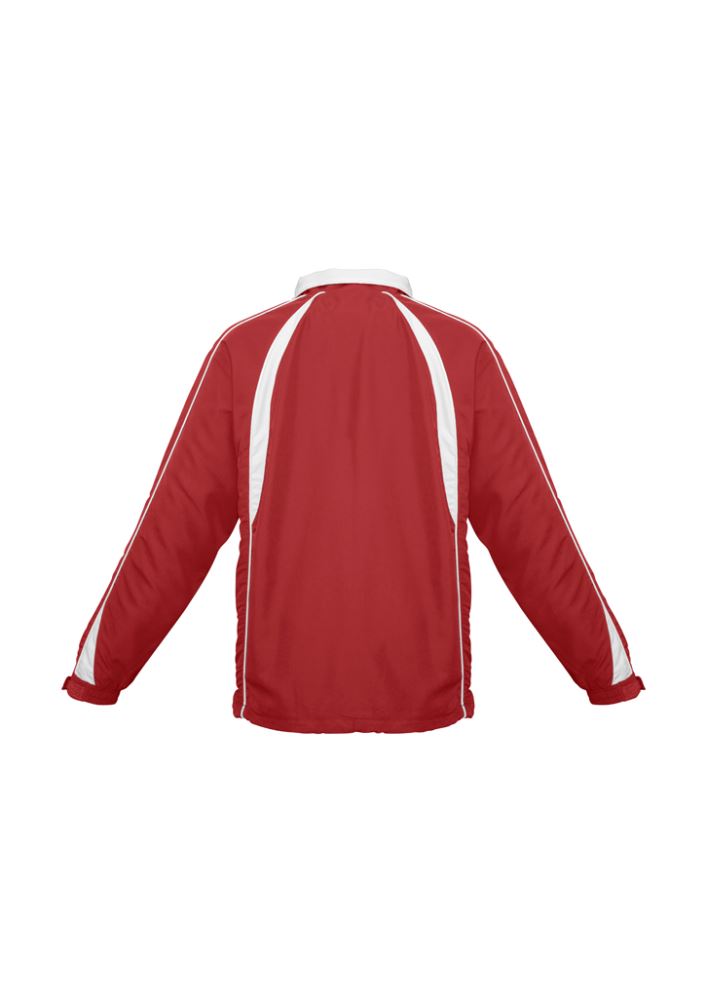 Kids Splice Track Top in red and white, size 12, featuring zip pockets, raglan sleeves, and a durable polyester design.