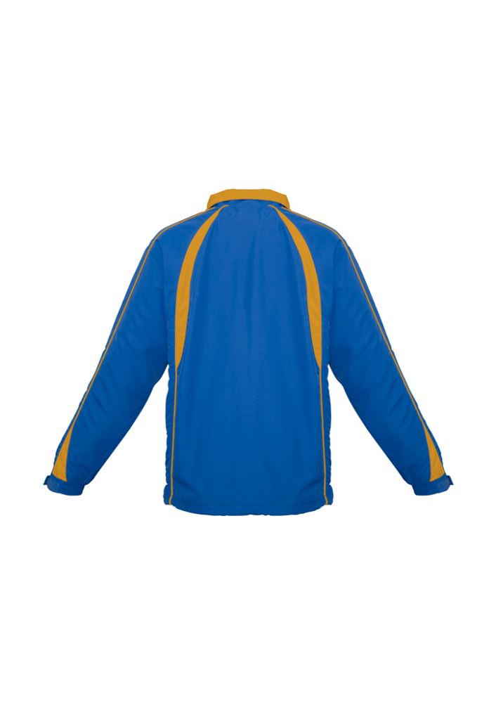 Vibrant royal and gold Kids Splice Track Top with zip front, raglan sleeves, and zippered pockets, perfect for active wear.