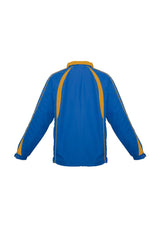 Kids Splice Track Top in Royal/Gold, size 10, featuring raglan sleeves, zip pockets, and durable, lightweight polyester.