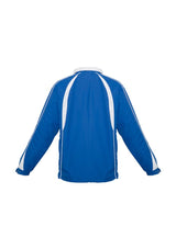 Kids Splice Track Top in Royal/White, size 8, featuring full zip, zippered pockets, and raglan sleeves for active comfort.