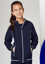 Kids Titan Jacket in Navy/White, Size 10, featuring 4-way stretch fabric, reflective piping, and a breathable mesh lining.