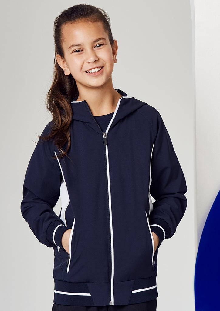 Kids Titan Jacket in navy and white, size 8, featuring breathable fabric, attached hood, and reflective details for outdoor play.