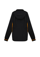 Ladies Titan Jacket in Black/Gold, Size S, featuring 4-way stretch, hood, reflective piping, and stylish dropped hem.