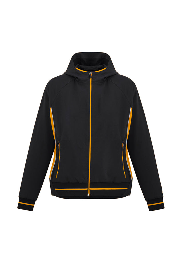 Ladies Titan Jacket in Black and Gold, size XL; features 4-way stretch fabric, attached hood, reflective piping, and zippered pockets.