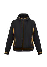 Ladies Titan Jacket in Black/Gold, Size XS, featuring 4-way stretch, hood, reflective details, and targeted ventilation.