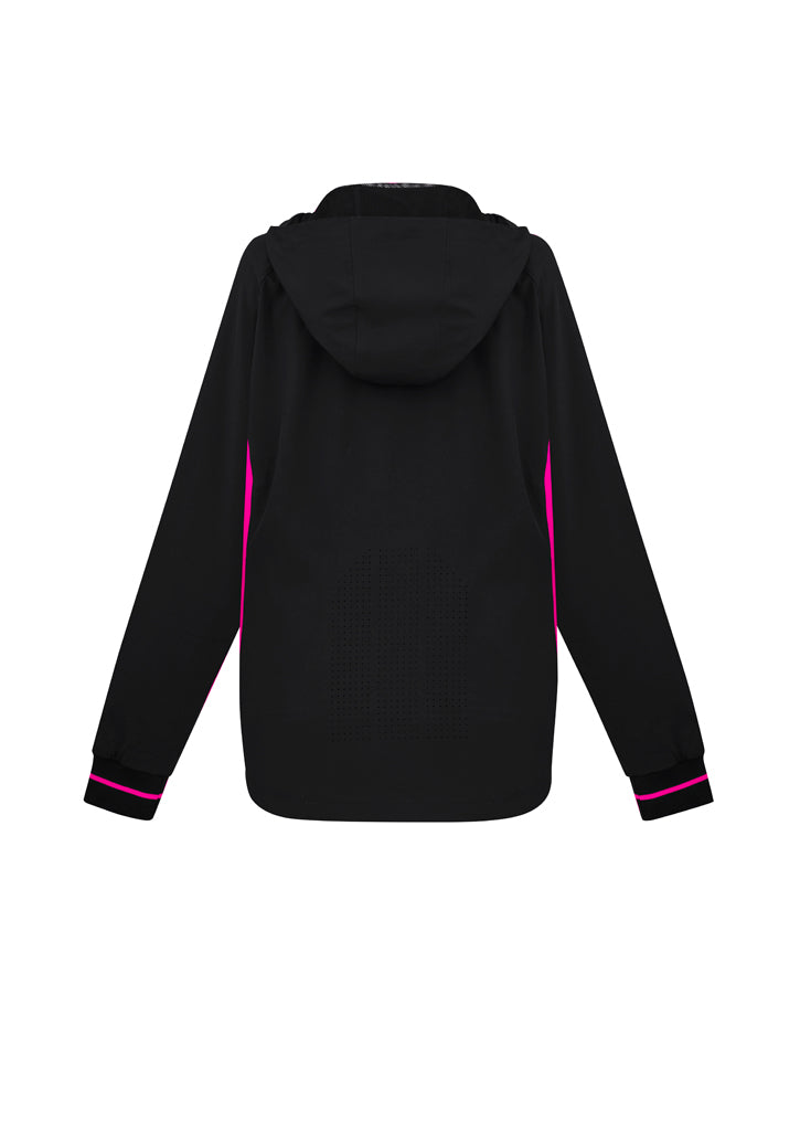 Ladies Titan Jacket in Black/Magenta, size L, features 4-way stretch, hood, reflective piping, and side zippered pockets.