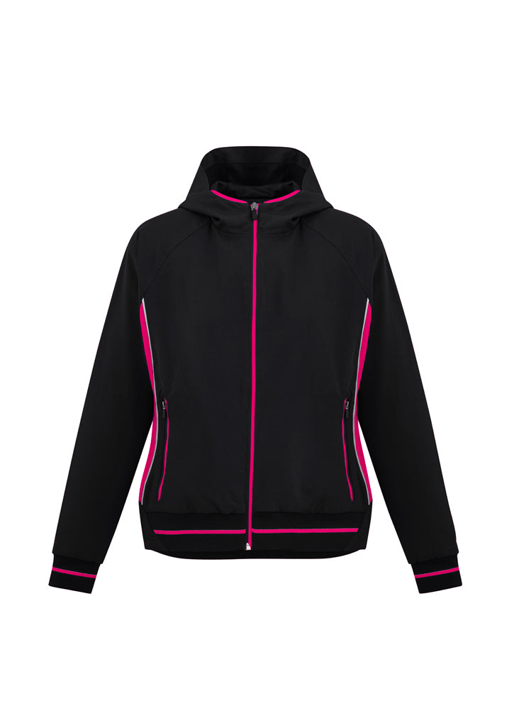 Ladies Titan Jacket in Black/Magenta, size 2XL, featuring 4-way stretch fabric, hood, zippered pockets, and reflective piping.