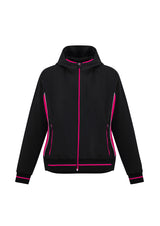 Ladies Titan Jacket in Black/Magenta, Size M, featuring 4-way stretch fabric, hood, reflective details, and zippered pockets.