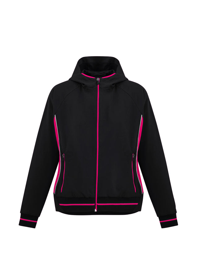 Ladies Titan Jacket in Black/Magenta, Size S; features breathable mesh lining, reflective piping, and a stylish dropped hem.