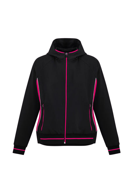 Ladies Titan Jacket in Black and Magenta, Size XS, featuring a hood, reflective piping, and breathable fabric for active wear.