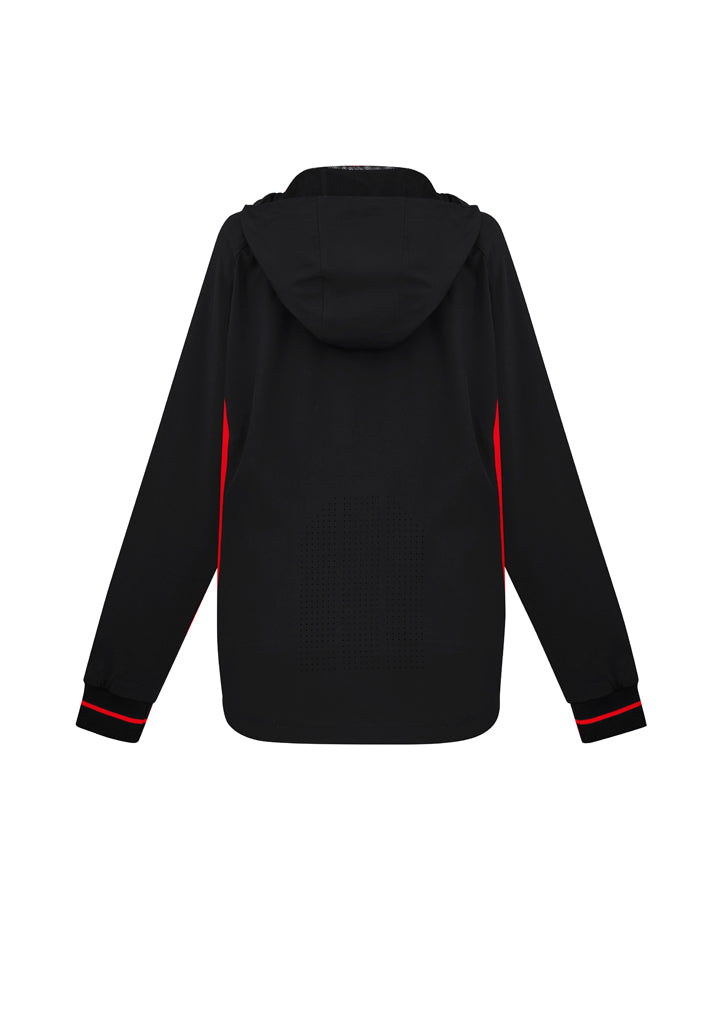 Ladies Titan Jacket in Black/Red, featuring a hood, reflective details, and breathable fabric, tailored for comfort and style.