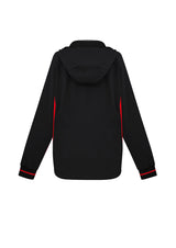 Ladies Titan Jacket in Black/Red, featuring a hood, reflective details, and breathable fabric, tailored for comfort and style.