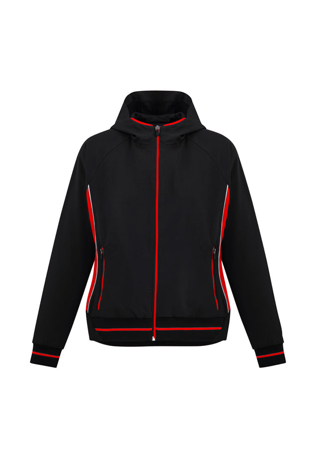 Ladies Titan Jacket in Black/Red size 2XL, featuring 4-way stretch fabric, hood, reflective piping, and zippered pockets.
