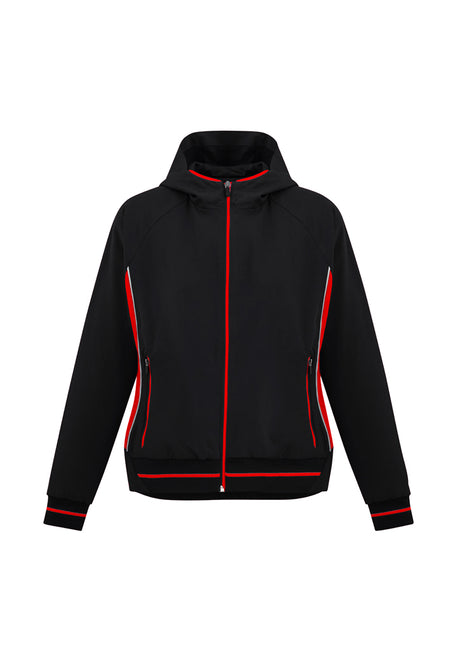 Ladies Titan Jacket in Black/Red, Size M, featuring 4-way stretch fabric, attached hood, and reflective piping for visibility.