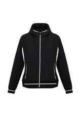Stylish Ladies Titan Jacket in Black and White, Size M, featuring 4-way stretch, hood, reflective piping, and zippered pockets.