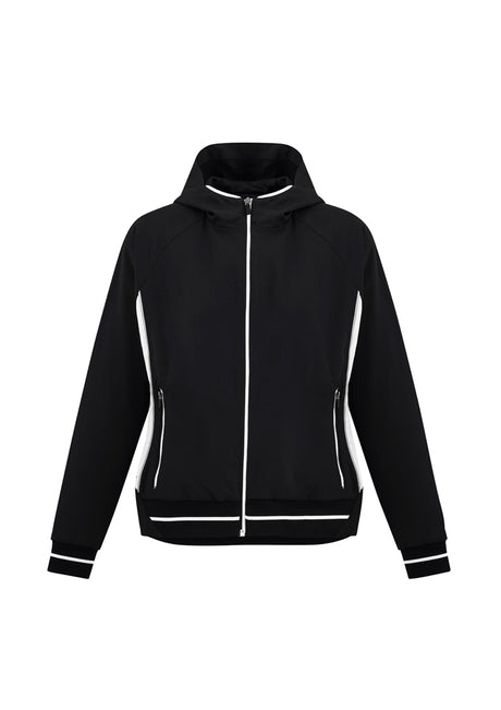 Stylish Ladies Titan Jacket in Black and White, Size M, featuring 4-way stretch, hood, reflective piping, and zippered pockets.